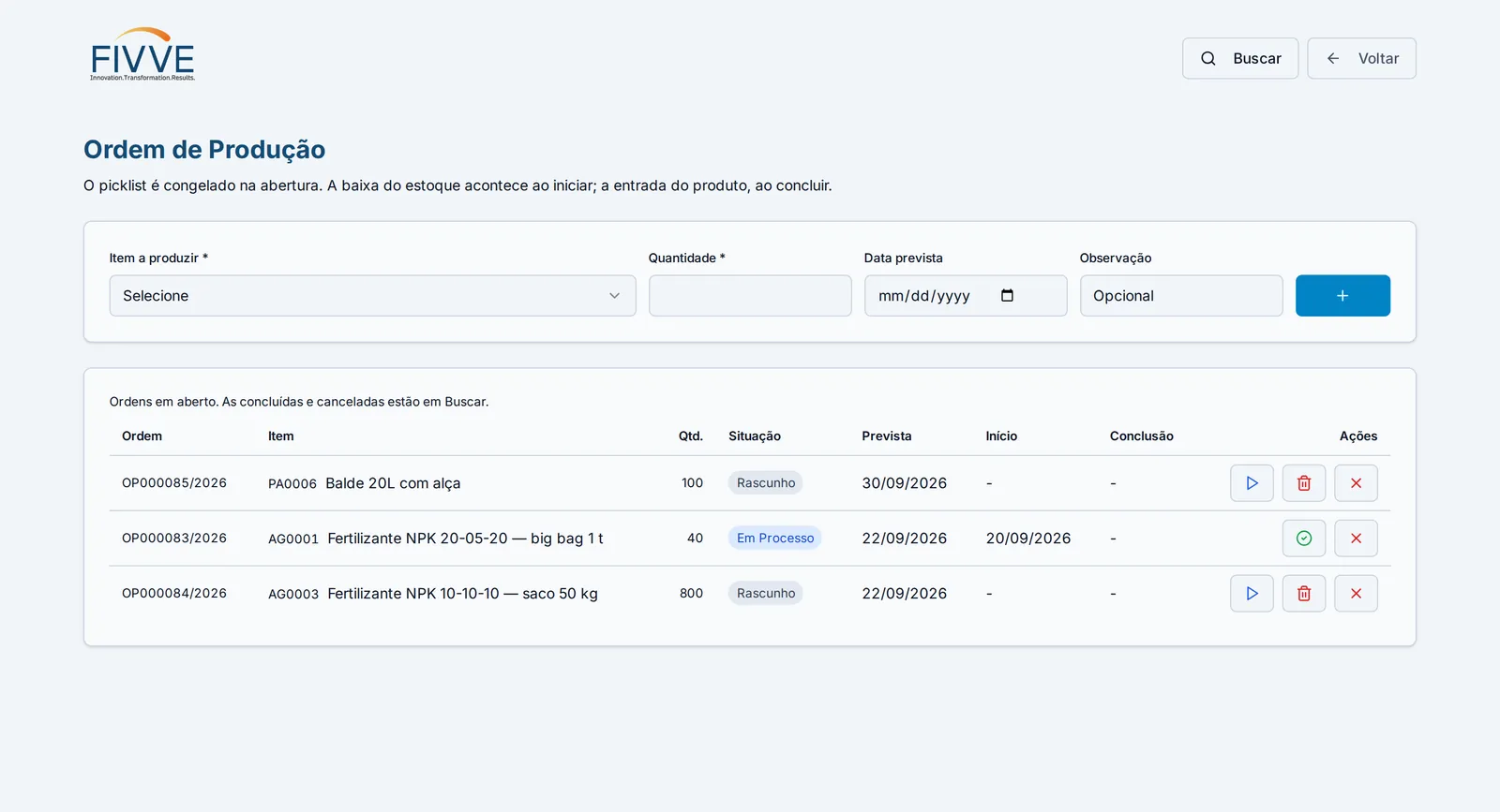Ordens de produção em rascunho e em processo