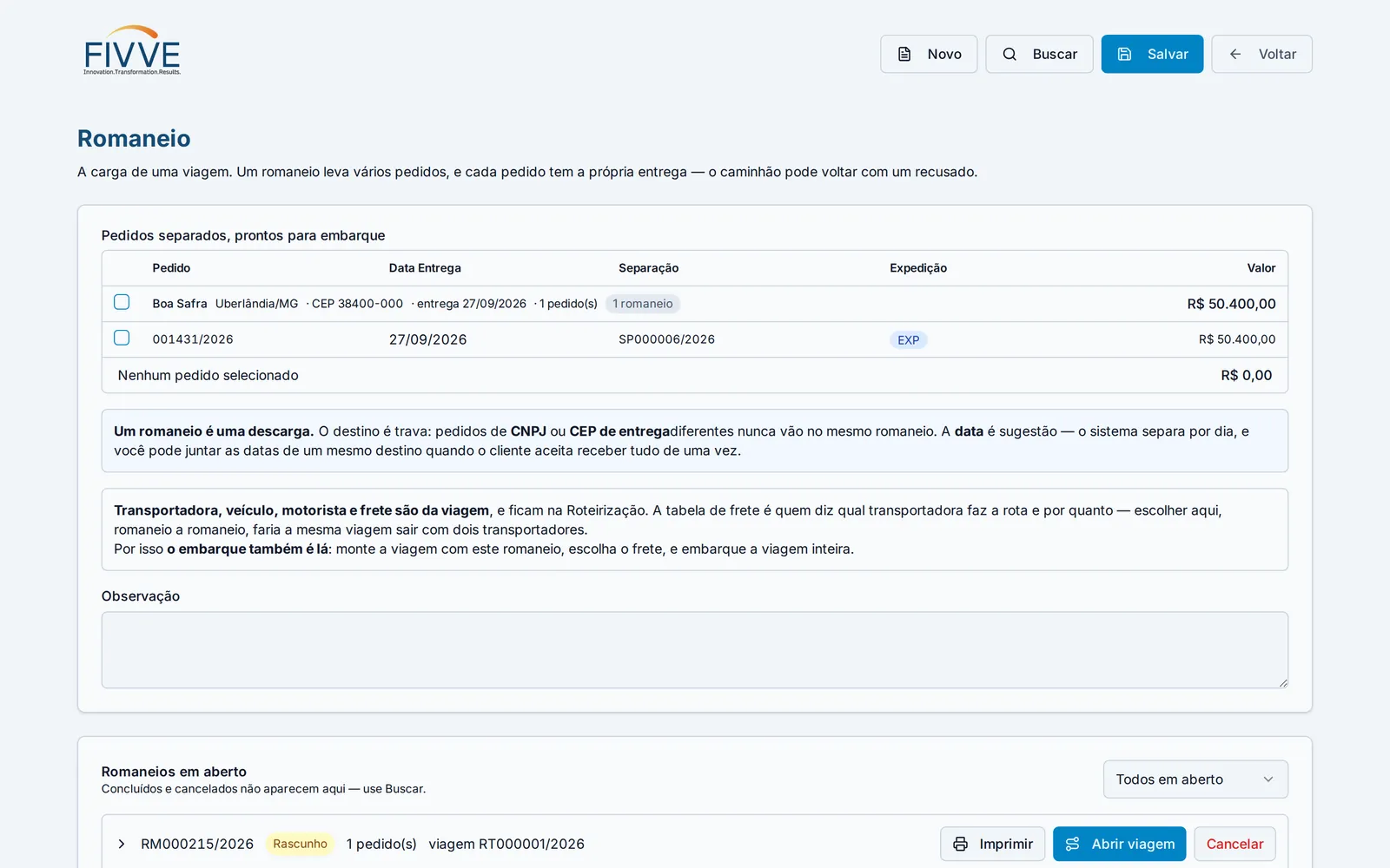Romaneio: pedidos separados prontos para embarque